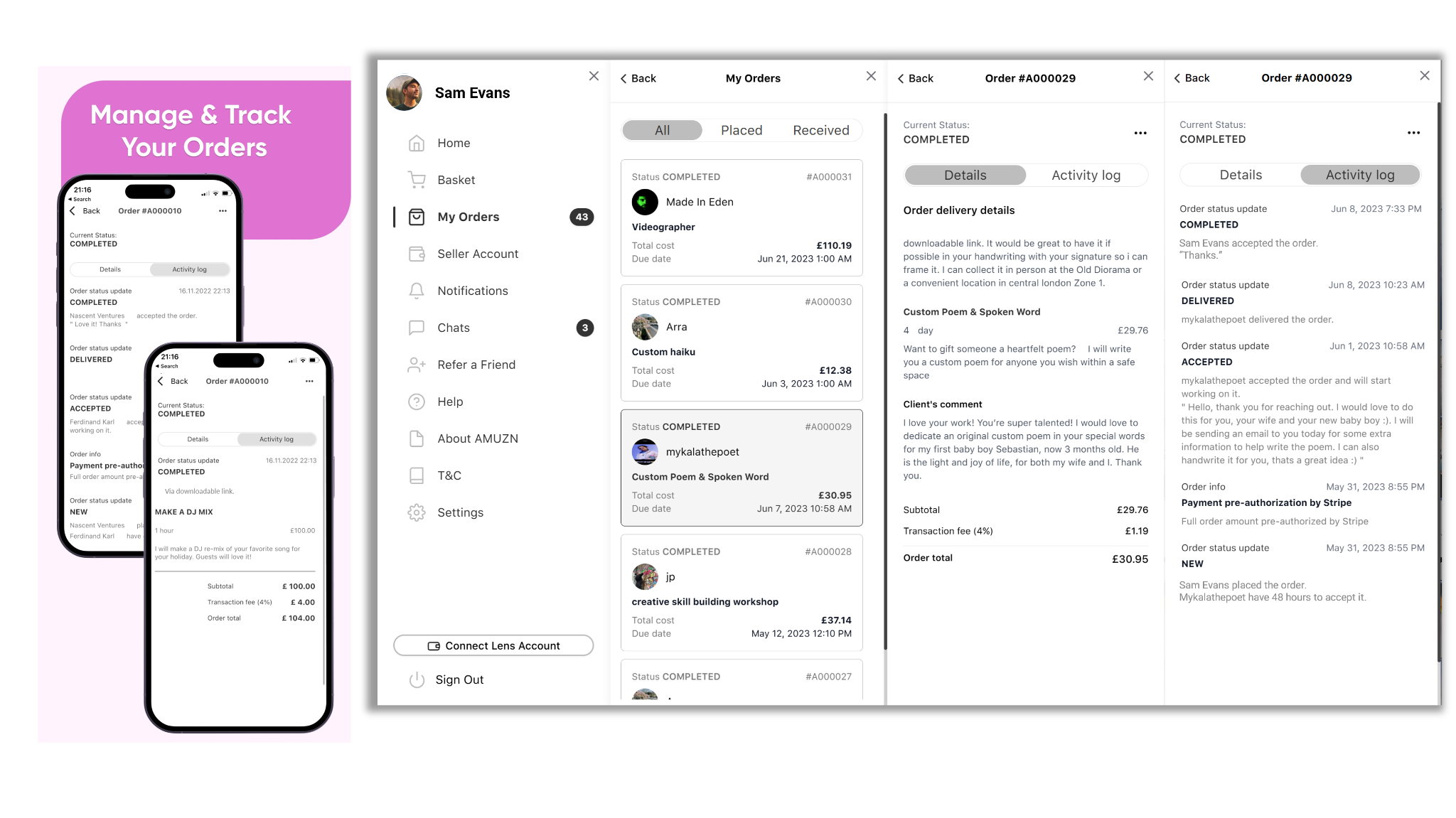 AMUZN Manage and Track Your Orders experience across mobile and desktop
